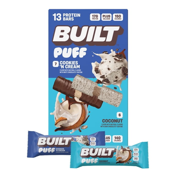 Built Puff Protein Bar Mixed Box (7 Cookies N' Cream Puff + 6 Coconut Puff), 13ct