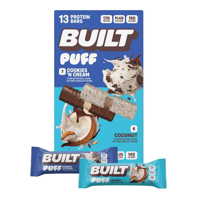 Built Puff Protein Bar Mixed Box (7 Cookies N' Cream Puff + 6 Coconut Puff), 13ct