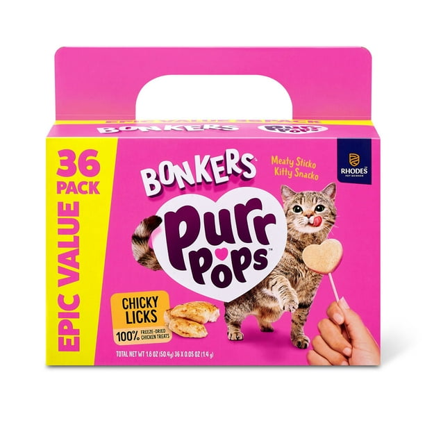 BONKERS Purrpops, Freeze Dried Chicken Flavored Lollipop Cat Treats, 36 pk