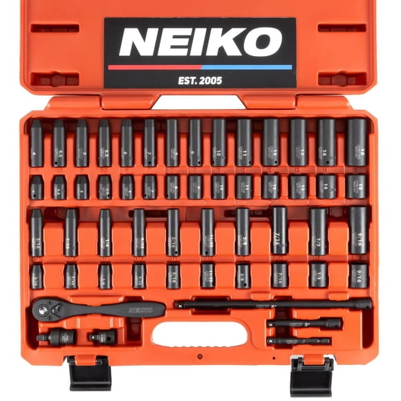 Neiko 1/4" Drive Impact Socket Set, 54-Piece Metric & SAE