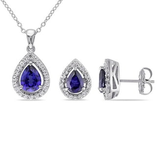 Lab Created Gemstone Teardrop Halo Pendant and Stud Earrings Set in Sterling Silver
