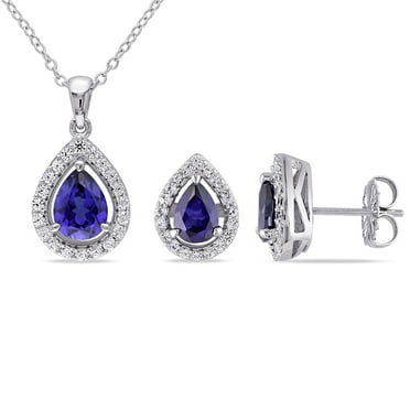 Lab Created Gemstone Teardrop Halo Pendant and Stud Earrings Set in Sterling Silver