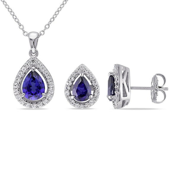 Lab Created Gemstone Teardrop Halo Pendant and Stud Earrings Set in Sterling Silver