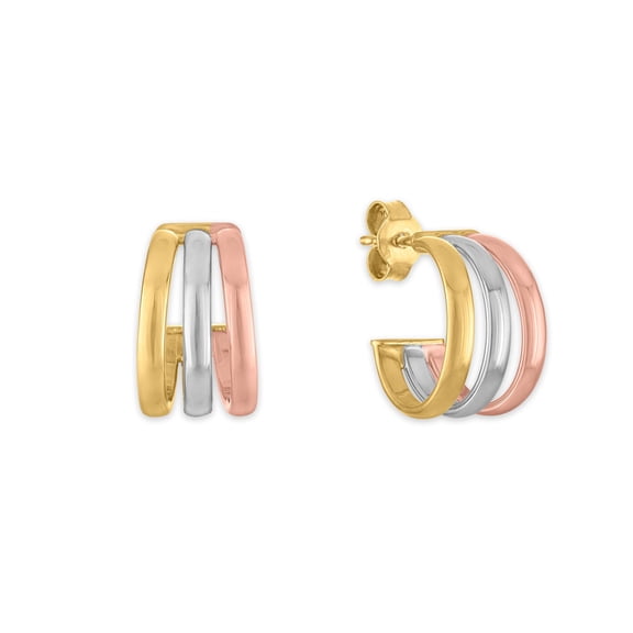 Tri-Color High Polish Huggie Hoop Earrings in 14K Gold