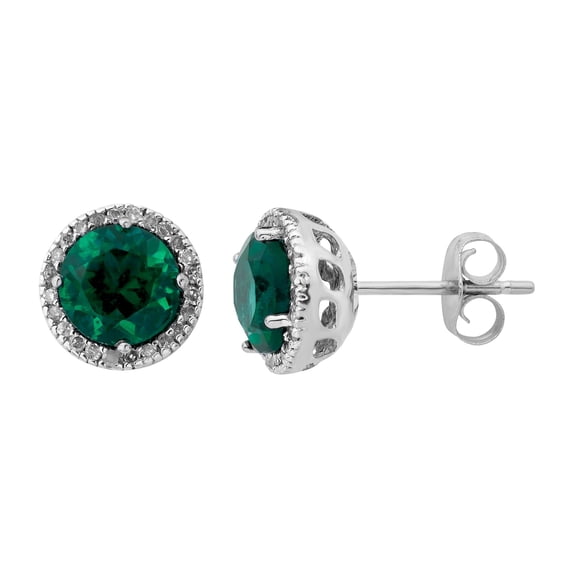 Round Cut Gemstone & 0.13 CT. TW Diamond Stud Halo Earrings in Sterling Silver