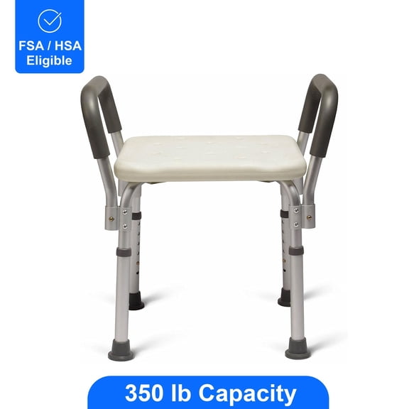 Medline Bath Bench with Padded Armrests, 350 lb Capacity, Height Adjustable 16" - 21"