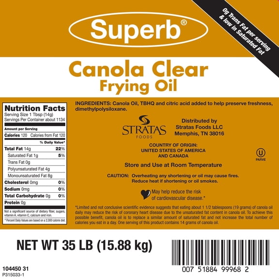Superb Canola Clear Fry Oil, 35 lb.