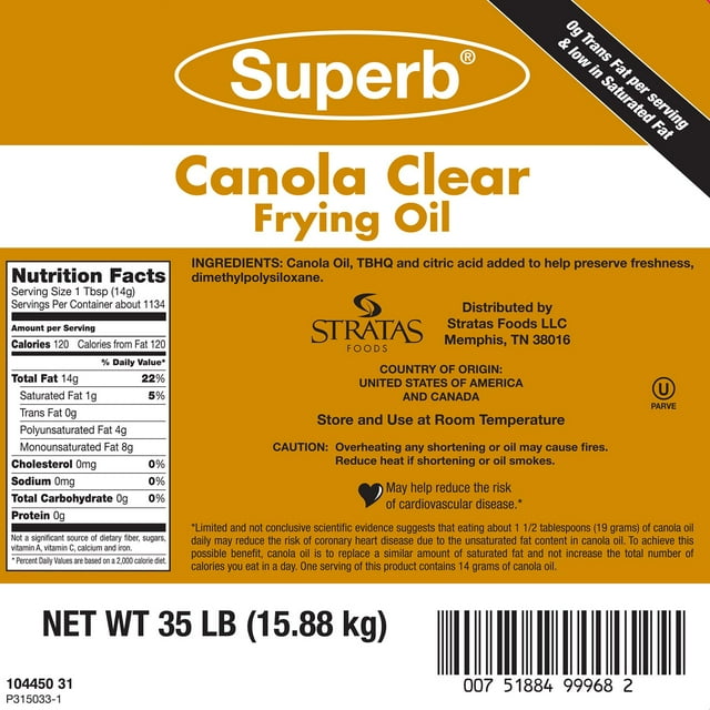 Superb Canola Clear Fry Oil, 35 lb.