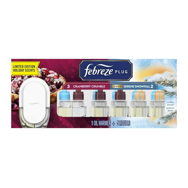 Febreze PLUG Air Freshener, Cranberry Crumble & Serene Snowfall Holiday  Scents, 1 Warmer + 5 Refills, 4.35 fl. oz