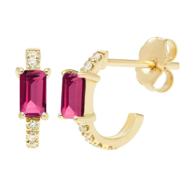 Emerald Cut Gemstone & 0.12 CT. TW Diamond Stud Earrings in 14K Gold