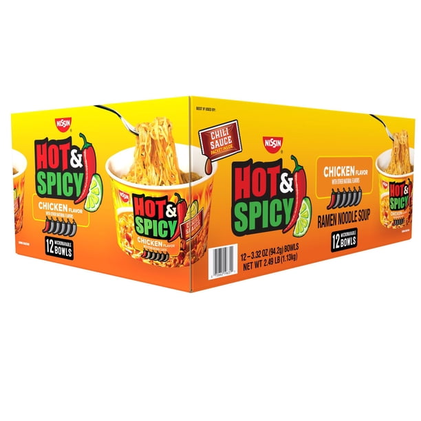 Nissin Hot and Spicy Ramen Noodle Soup Bowl, Chicken Flavor, 3.32