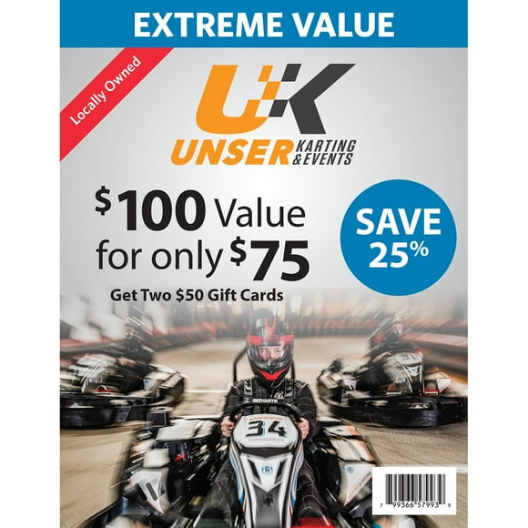 Unser Karting and Events $100 Value Gift Cards - 2 x $50