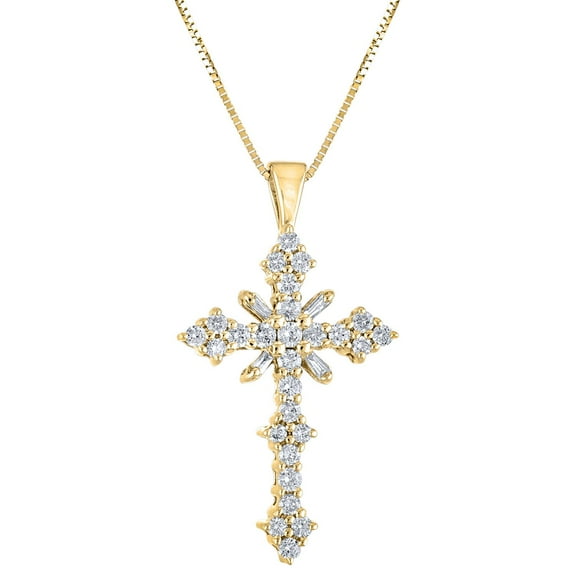 Baguette and Round Cut Diamond Cross Pendant Necklace in 14K Gold