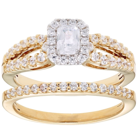 1.00 CT. T.W. Emerald Cut Halo Diamond Ring & Band in 14K Gold