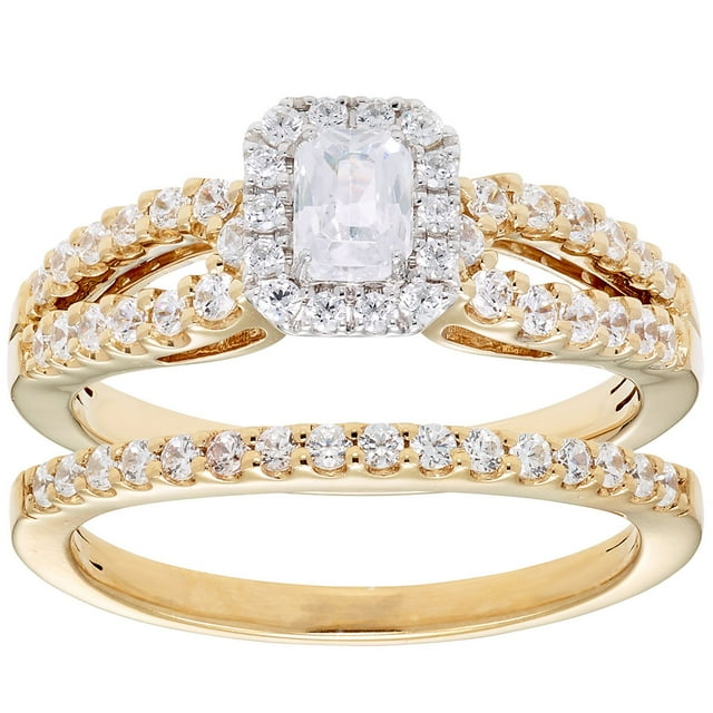 1.00 CT. T.W. Emerald Cut Halo Diamond Ring & Band in 14K Gold