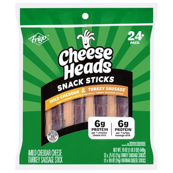 Frigo Cheese Heads Snack Sticks Mild Cheddar Cheese & Turkey Sausage, 24 Count, 18.9 oz.