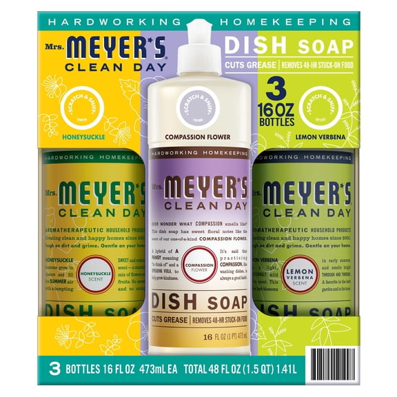 Mrs. Meyer's Clean Day Liquid Dish Soap, Honeysuckle, Compassion Flower, Lemon Verbena Scents, 3pack, 48 Fl Oz