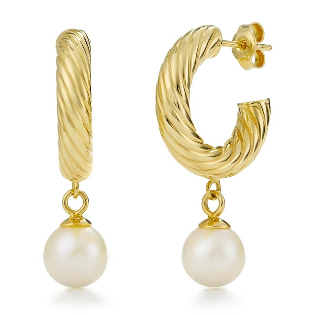 Hoop Earrings with Hanging Freshwater Pearl Earring in 14K Gold