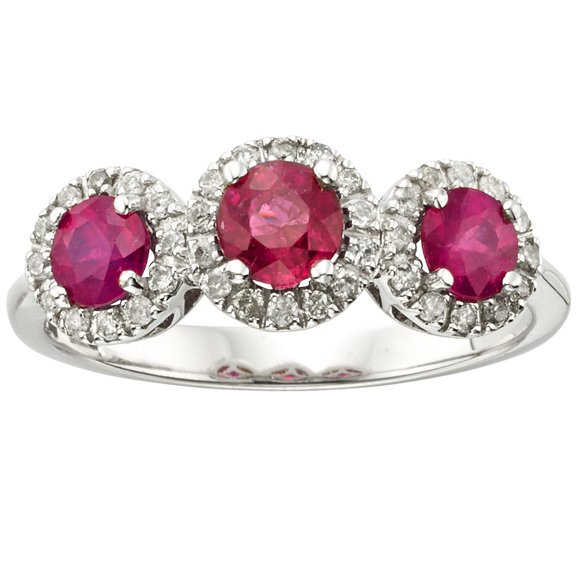 Round Cut 3 Stone Gemstone and 0.19 CT. T.W. Halo Diamond Ring in 14K Gold