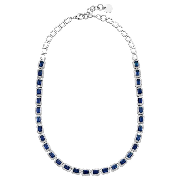 Emerald Cut Lab Created Gemstone Halo Tennis Necklace in Sterling Silver