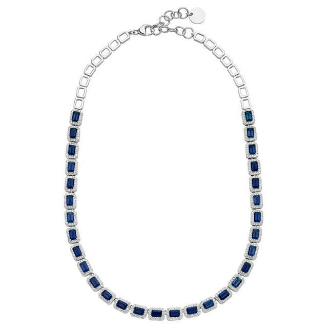 Emerald Cut Lab Created Gemstone Halo Tennis Necklace in Sterling Silver