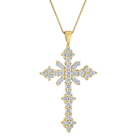 Baguette and Round Cut Diamond Cross Pendant Necklace in 14K Gold