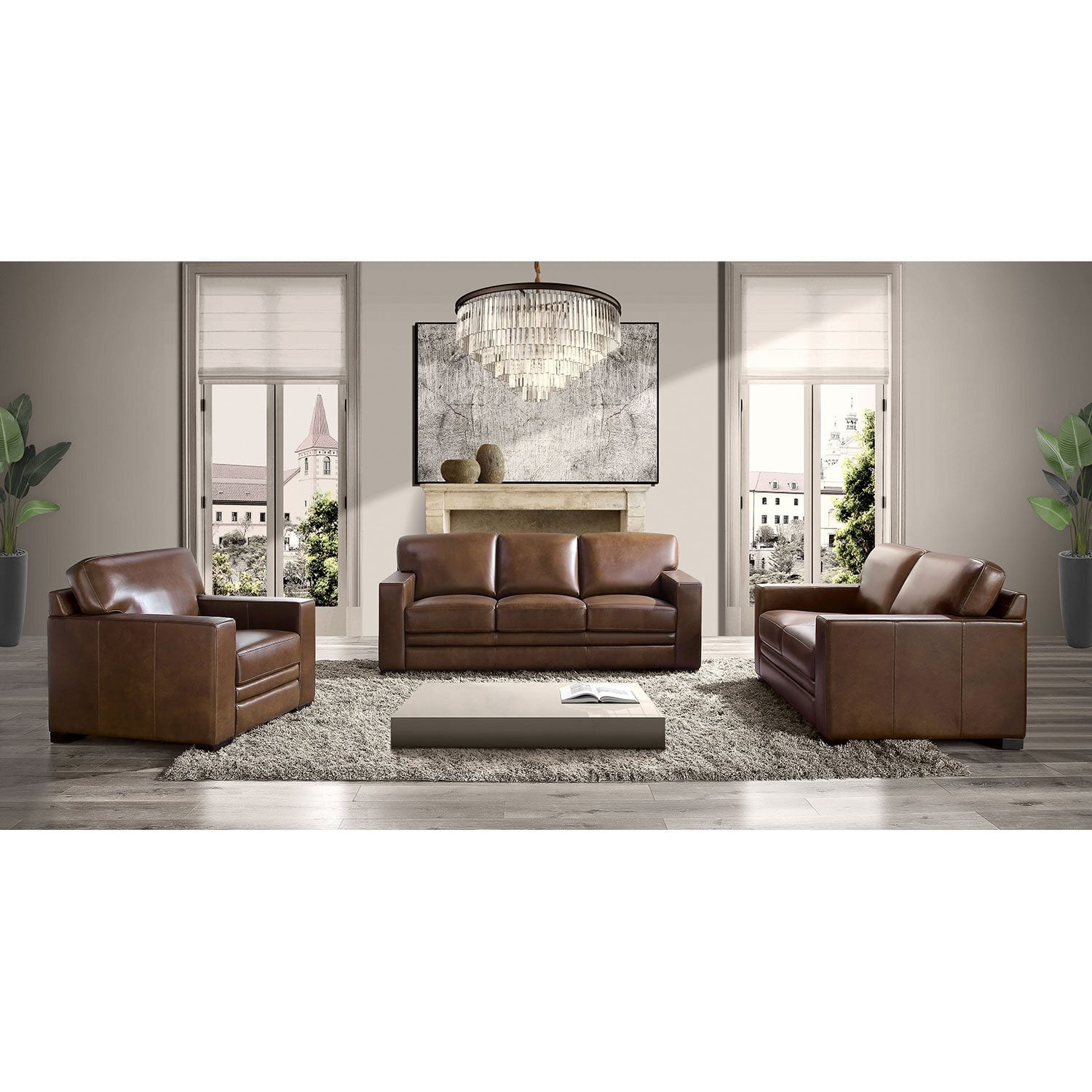 Emery 3-Piece Top-Grain Leather Sofa Set, Assorted Colors