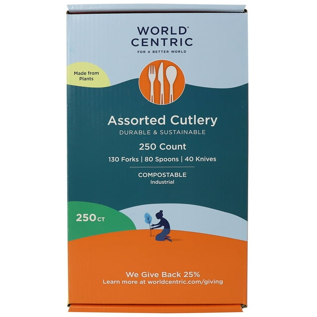 World Centric Compostable Assorted TLPA Ribbed Cutlery, 6", 250 ct.