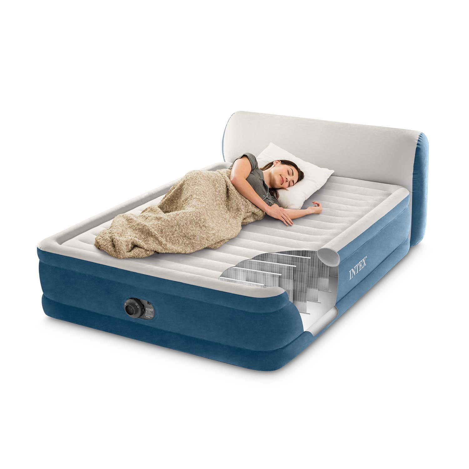 Intex Queen DuraBeam Headboard Air Mattress w/ Internal Pump