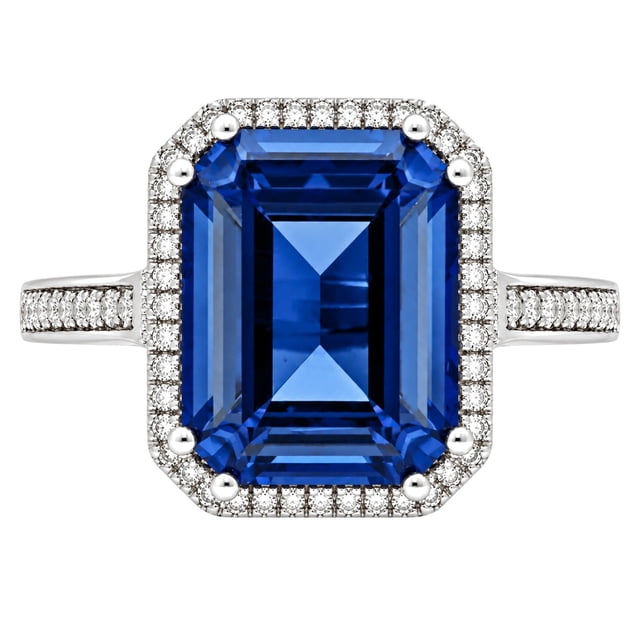 Lab Created Emerald Cut Gemstone and Diamond Ring in Sterling Silver