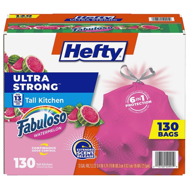 Hefty Ultra Strong Tall Kitchen Drawstring Trash Bags, Fabuloso Watermelon Scent, 13 gal., 130 ct.