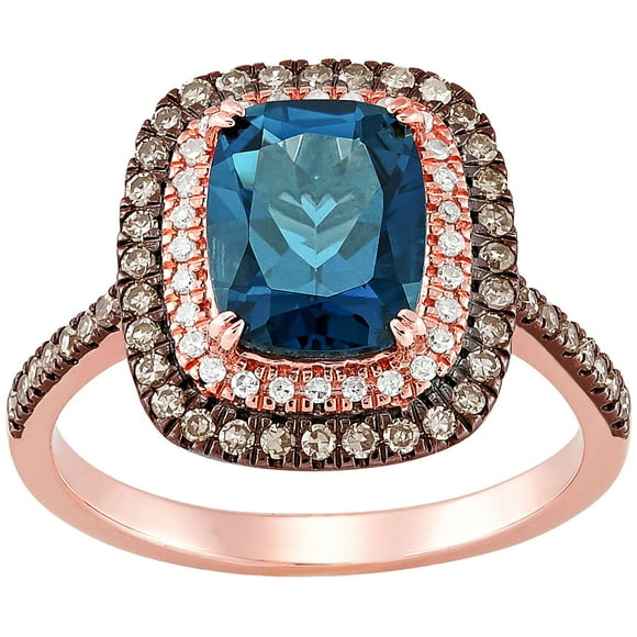 Cushion Cut Treated London Blue Topaz Double Halo Ring in 14K Gold