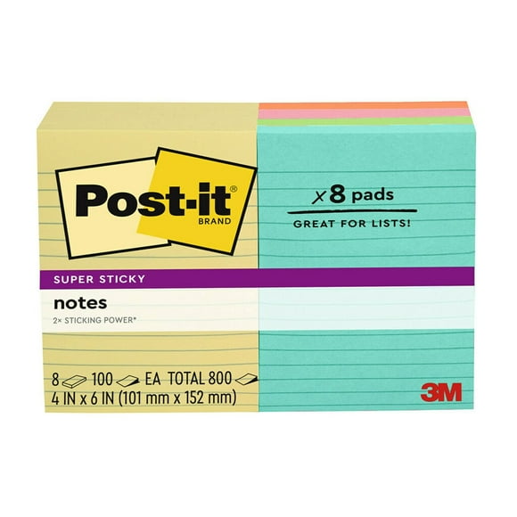 Post-it Super Sticky Notes,  4" x 6", Assorted Colors, Lined, 8 Pack, 800 Total Sheets