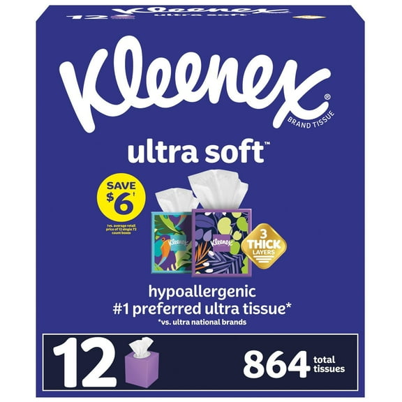 Kleenex Ultra Soft Hypoallergenic Facial Tissues 12 Boxes, 72 tissues/box