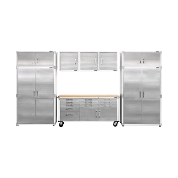 Seville Classics UltraHD 8-Piece Steel Garage Cabinet Storage Set With Rolling Workbench, 14 Feet Wide