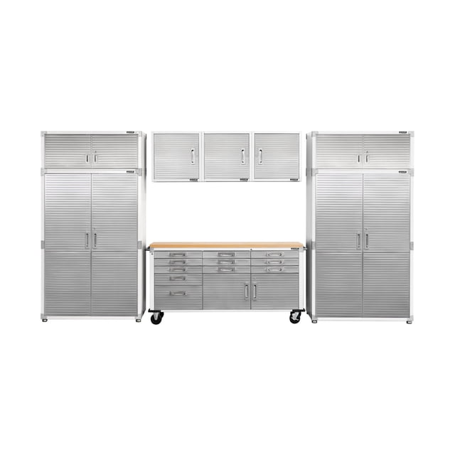 Seville Classics UltraHD 8-Piece Steel Garage Cabinet Storage Set With Rolling Workbench, 14 Feet Wide