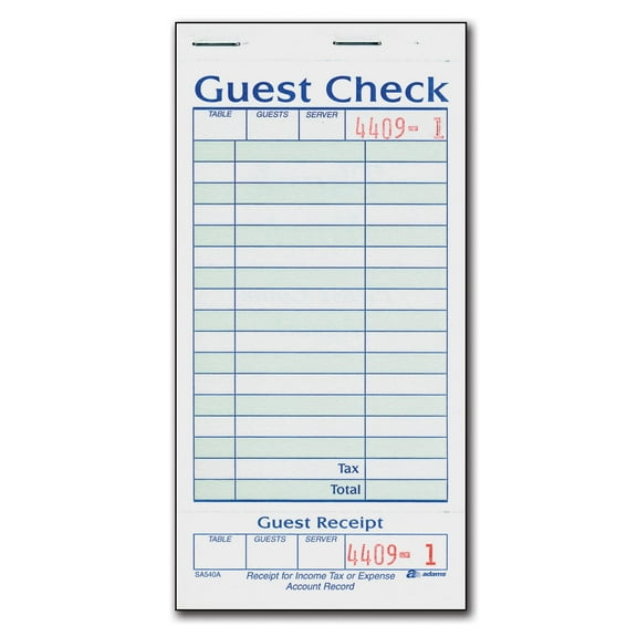 Adams 1-Part Guest Check with Stub - 50 Checks/book - 20 pk.
