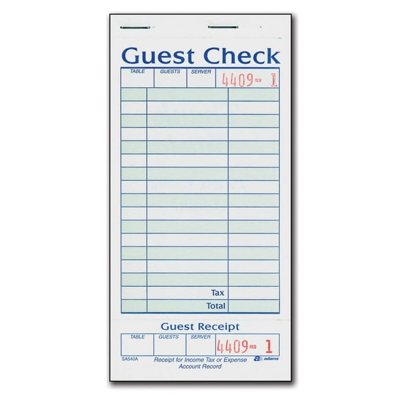 Adams 1-Part Guest Check with Stub - 50 Checks/book - 20 pk.