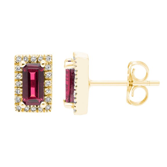Baguette Cut Gemstone & 0.12 CT. TW Diamond Stud Halo Earrings in 14K Gold