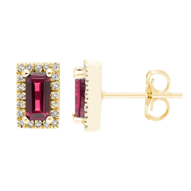 Baguette Cut Gemstone & 0.12 CT. TW Diamond Stud Halo Earrings in 14K Gold