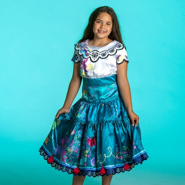 encanto dress Teen Deluxe Disney Mirabel Madrigal Costume Printed Bow Each flounce is adorned with a sublimated floral print and delicate chiffon flowers Mirabel Core Fashion Dress