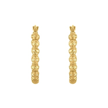 Diamond cut Bead Hoop Earrings in 14K Yellow Gold
