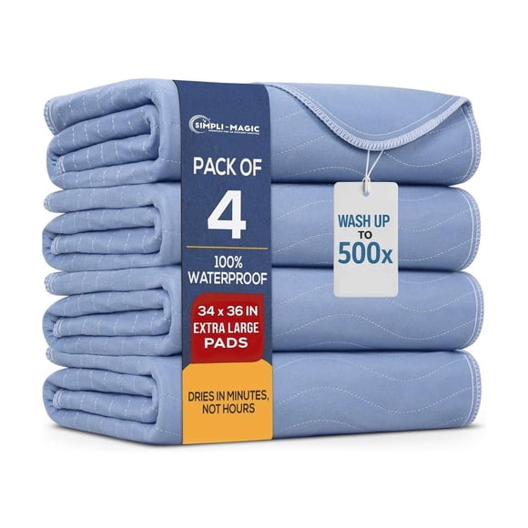 Simpli-Magic Reusable Absorbent Multi-Purpose Washable Underpads, Oil Spill Pads & Training Pads, Heavy-Duty Leakproof Protection, 34" x 36", 4 Pack