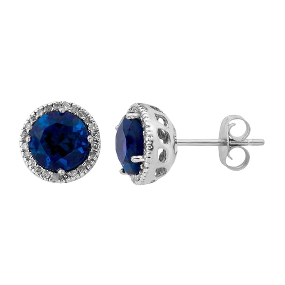 Round Cut Gemstone & 0.13 CT. TW Diamond Stud Halo Earrings in Sterling Silver