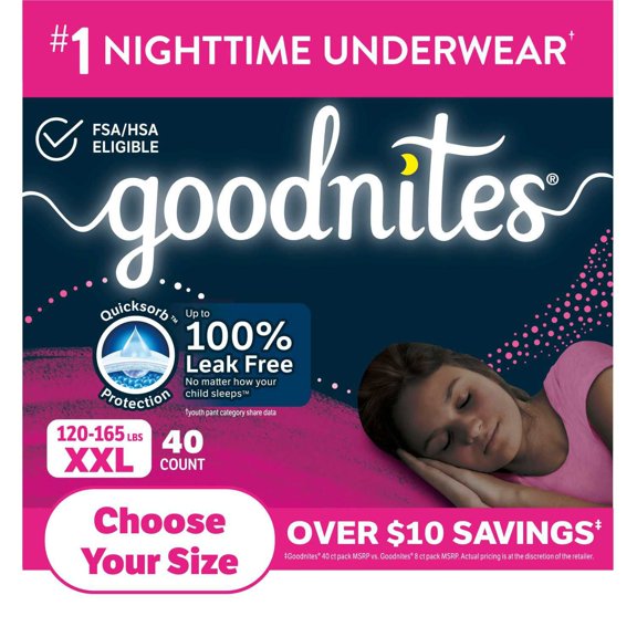 Goodnites Nighttime Bedwetting Underwear for Girls, Sizes Extra Small - Extra Extra Large