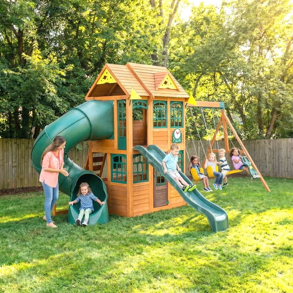 KidKraft Charleston Lodge Wooden Outdoor Swing Set/Playset