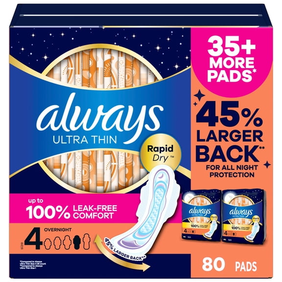 Always Ultra Thin Overnight Pads with Wings, Size 4, 80 ct.