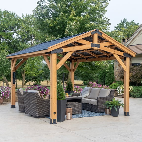 Backyard Discovery 14' x 12' Cedar Wood Peak Roof Gazebo with PowerPort