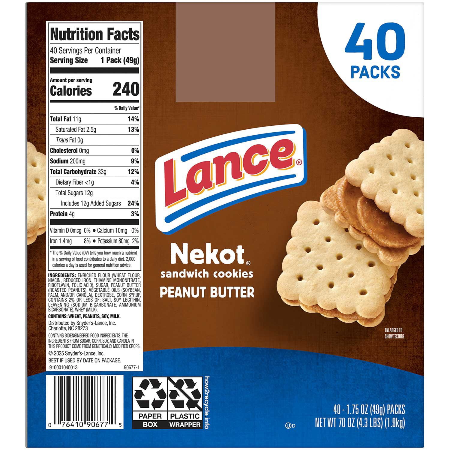 Lance Nekot Peanut Butter Sandwich Cookies, 1.75 oz., 40 pk