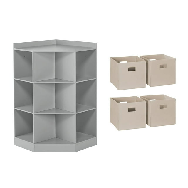 RiverRidge Kids Corner Playroom 6 Cubby Cabinet with 4 Folding Storage Bins